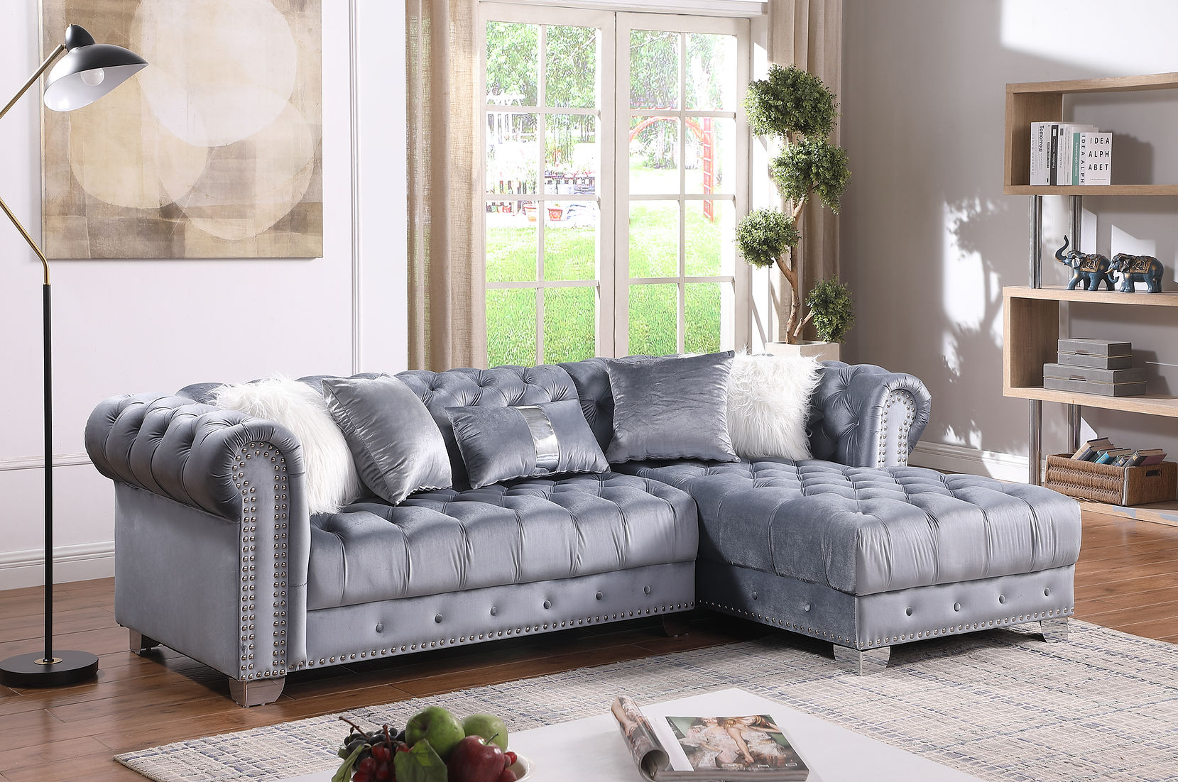 S6250 Yaz Grey Velvet Sectional Unique Home Furniture