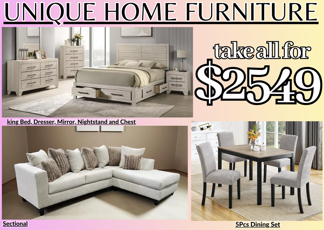 3 Room Package | Queen /king Bedroom, Beige Sectional, Dining Set