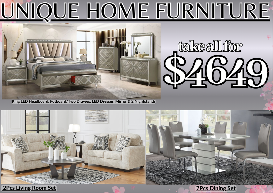 3 Room Package | Home Furniture Set: Bedroom set, Dining & Living Room