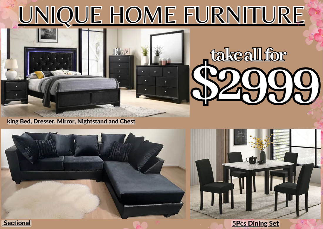 3 Room Package | Queen / king Bedroom, Black Sectional, Dining Set