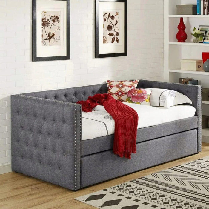 TRINA 5335 GREY FABRIC TUFTED DAYBED WITH TRUNDLE