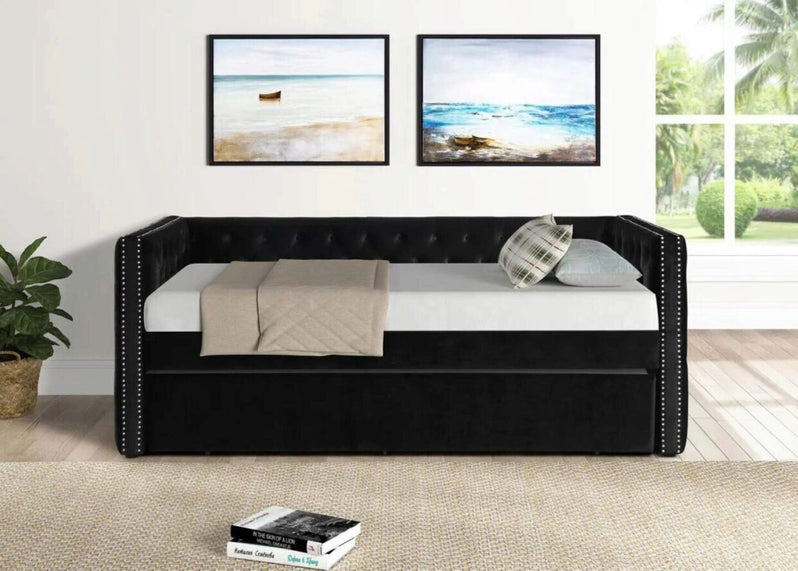 Trina 5335 Black Velvet Tufted Daybed With Trundle