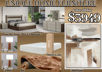 Bed & Dresser Bedroom Furniture Package with Mattress, Rug, and Decor