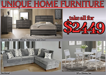 3 Room Package | Queen /king Bed, Grey Sectional, Dining Set