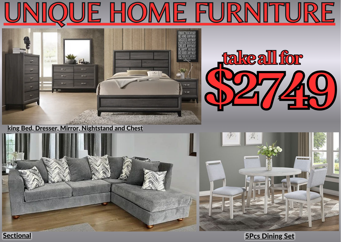 3 Room Package | Queen /king Bed, Grey Sectional, Dining Set