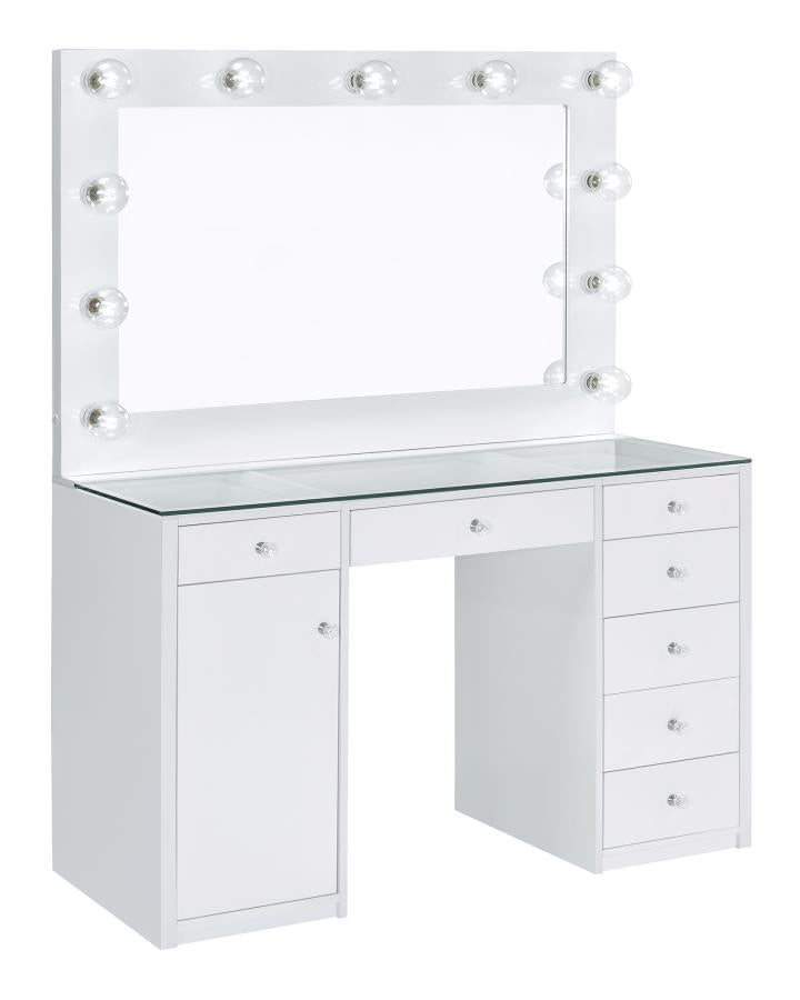 Acena 7-drawer Glass Top Vanity Desk with Lighting White