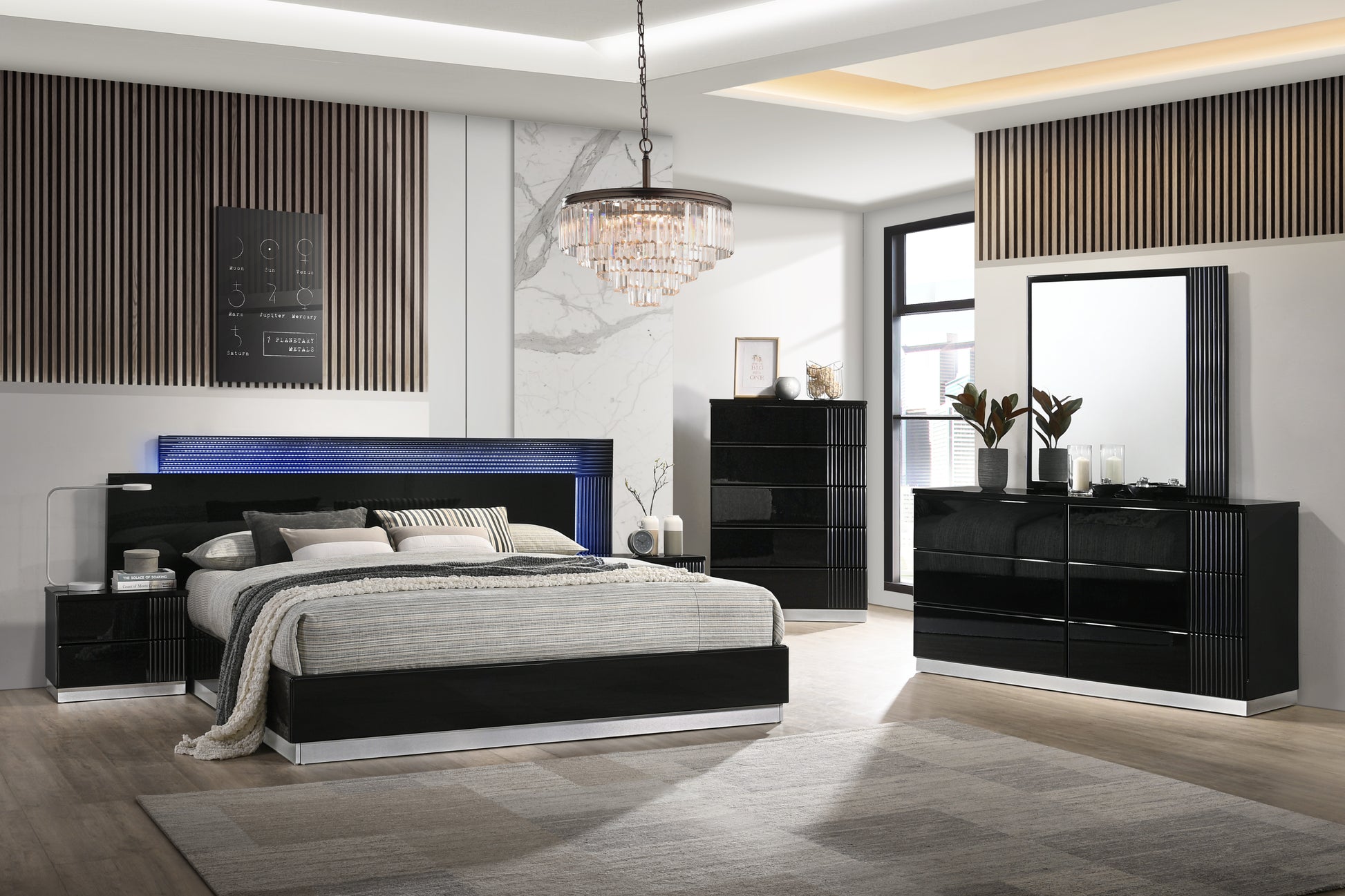 modern black dresser set 4pc Luxurious Black Finish Solid Wood LED Bedroom Furniture Set