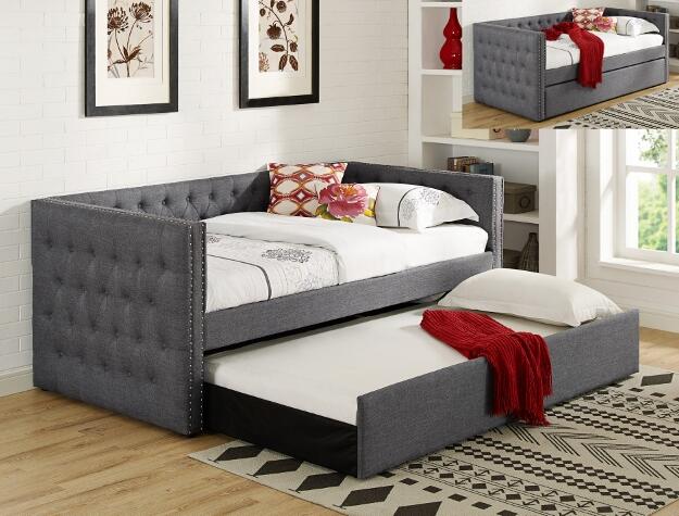 TRINA 5335 GREY FABRIC TUFTED DAYBED WITH TRUNDLE