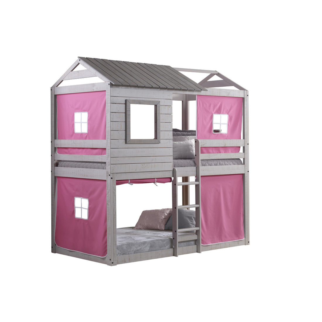 Donco 1370 Twin/ Twin Deer Blind Bunkbed Rustic Light Grey with Pink Tent Kit