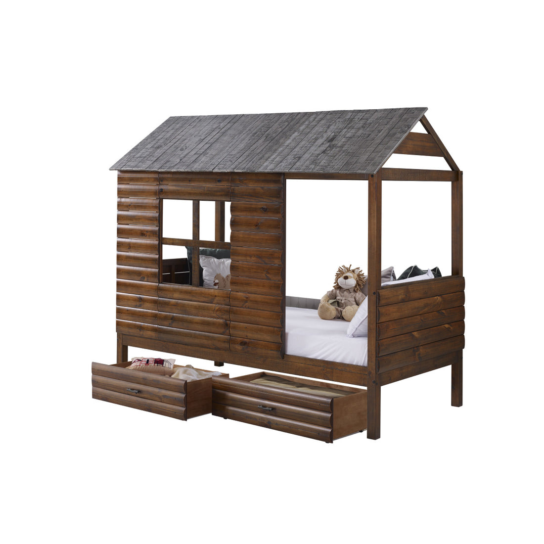 Donco 2103 Twin Log Cabin Low Loft in Rustic Walnut/ Silver with Dual Underbed Storage
